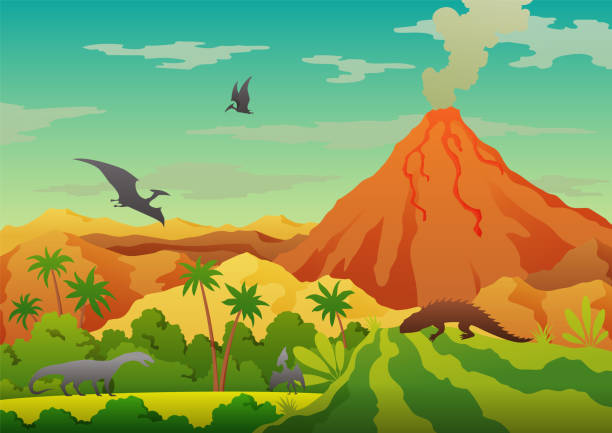 доисторический пейзаж - вулкан с дымом, горами, динозаврами и зеленой растительностью. векторная иллюстрация прекрасного доисторического � - огромные smoky горы stock illustrations