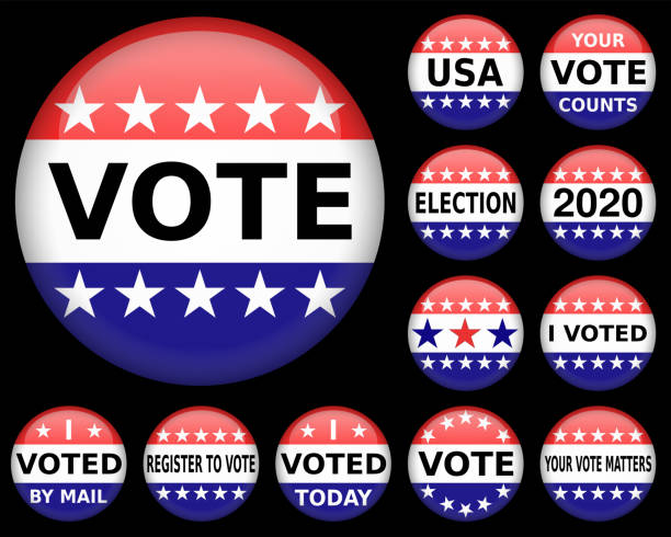 сбор избирательной кампании голосования булавки изолированы на черном - vote button stock illustrations