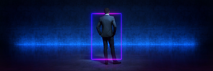 businessman with a neon light. Bright colored light effects. 3d rendering