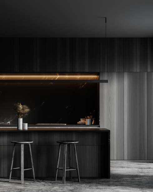 istock Marble and dark wood kitchen with bar 1279881657