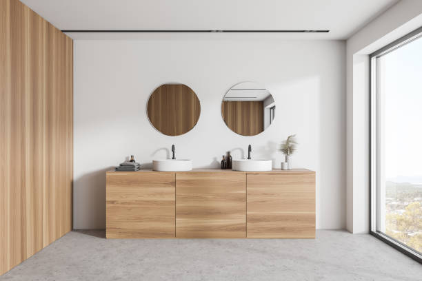 istock Double sink in white and wooden bathroom interior 1279881828