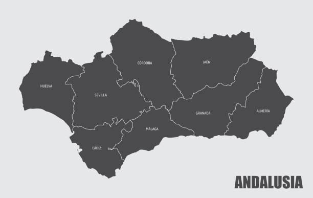 ilustraciones, imágenes clip art, dibujos animados e iconos de stock de mapa de las provincias de andalucía - comunidad autónoma de andalucía