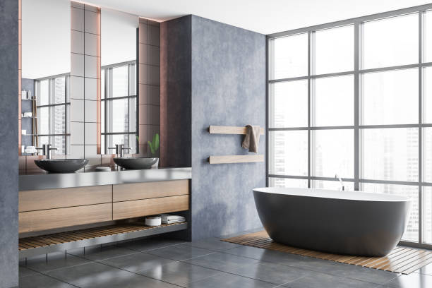istock Concrete bathroom corner with tub and sink 1279882072