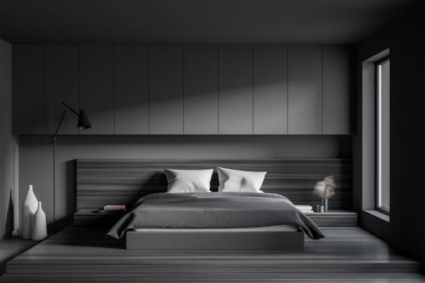 istock Grey and wood bedroom interior 1279882746
