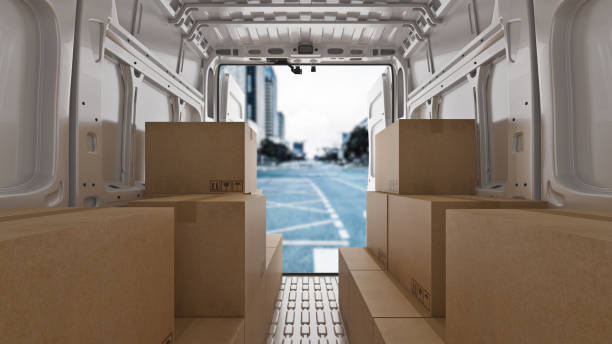 istock commercial delivery vans with cardboard boxes. 3d rendering 1279884568