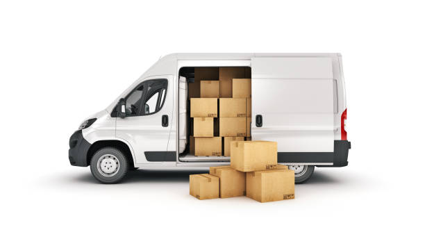 istock commercial delivery vans with cardboard boxes. 3d rendering 1279884572