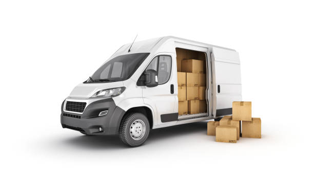 furgoni di consegna commerciali con scatole di cartone. rendering 3d - moving van truck delivery van van foto e immagini stock