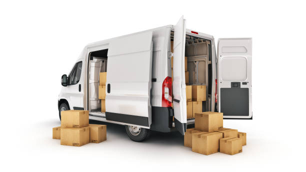 istock commercial delivery vans with cardboard boxes. 3d rendering 1279884602
