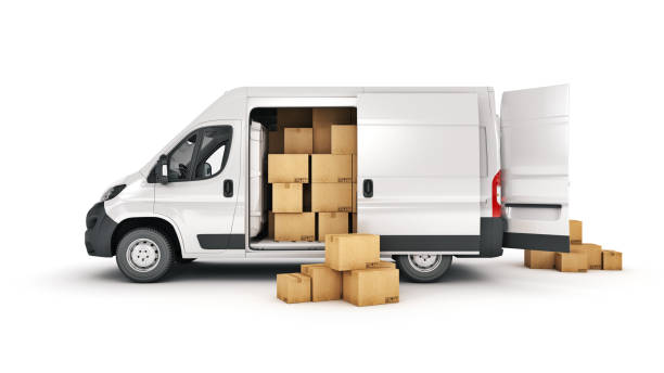 istock commercial delivery vans with cardboard boxes. 3d rendering 1279884637
