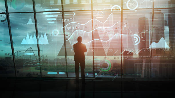 istock Businessman looks at big data in the virtual space. 1279887100