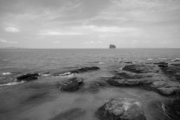 Rocky beach at the coastline of Western Norway at Golten (or Golta) in Sund municipality (near the City of Bergen) in Vestland (previously Hordaland) county on a sunny midday in summer. The ground consists of foliated rock formation with cracks, slits, crevices and clefts, covered with lichen, kelp, seaweed and mussels. Gneis and granite are the most important (abundant) rocks in the area. Gneiss is a type of metamorphic rock, whereas granite is a type of igneous rock. The image was captured by a fast lens and a full frame mirror-less digital camera at low ISO providing a large clean image file. Shallow depth of field. Copy space. Part of a series of images of rocky beach in summer.