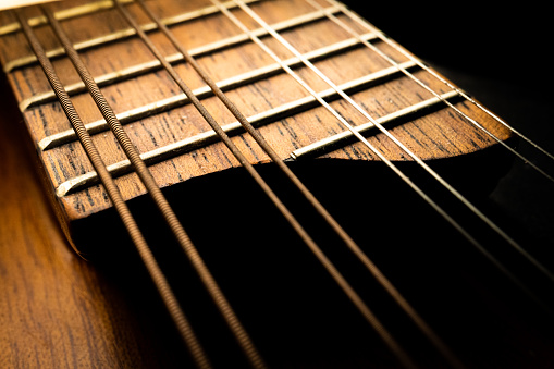 Macro photo of curved bottom end of mandolin fretboard with wood of body visable