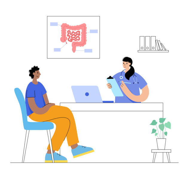 intestine logo concept Digestive system disease. Doctor appointment, treatment and help in the medical office. Patient visits the clinic and gets gastroenterologist consultation and help. Isolated flat vector illustration colon cancer screening stock illustrations