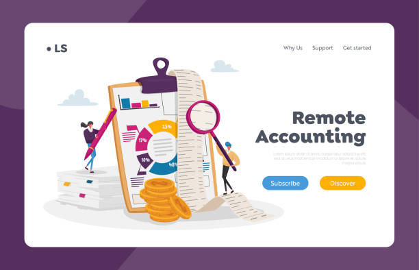 Accounting and Bookkeeping Landing Page Template. Tiny Accountant Characters at Huge Clip Board Filling Bookkeeping Data Accounting and Bookkeeping Landing Page Template. Tiny Accountant Characters at Huge Clip Board Filling Bookkeeping Data, Count Money Refund. Financial Consulting. Cartoon People Vector Illustration financial loan illustrations stock illustrations