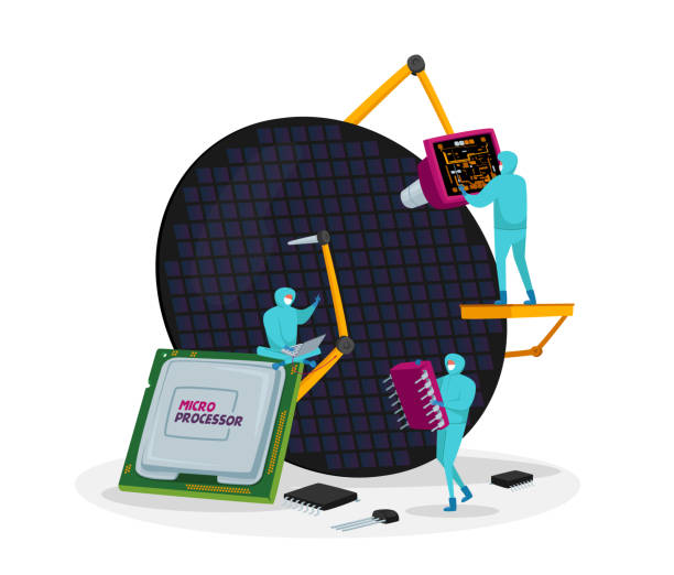 Semiconductors Product Manufacturing, Scientific Research. Scientists Characters in Sterile Suits Working in Laboratory Semiconductors Product Manufacturing Process, Scientific Research. Scientists Characters in Sterile Suits Working with Modern Industrial Machinery in Laboratory. Cartoon People Vector Illustration clean room stock illustrations