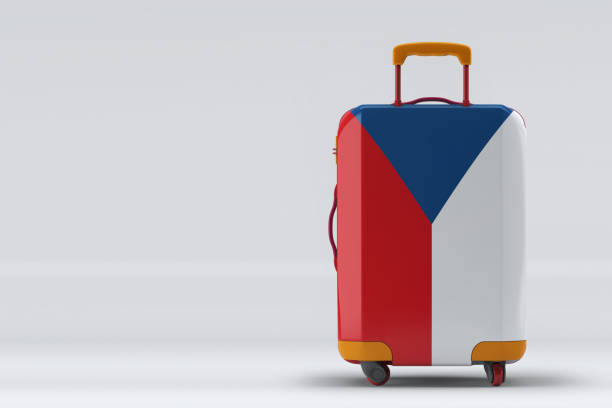 istock Czech Republic flag on a stylish suitcases back view on color background. Space for text. International travel and tourism concept. 3D rendering. 1279896280