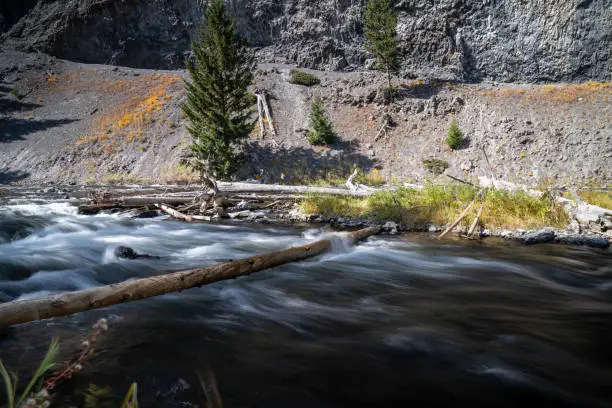 Flowing Firehole River in Yellowstone National Park. Silky water daytime long exposure