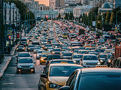 Moscow traffic jam. Cars stands in traffic jam on the city center on the evrning