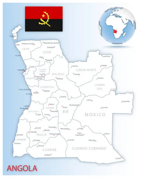 Vector illustration of Detailed Angola administrative map with country flag and location on a blue globe.