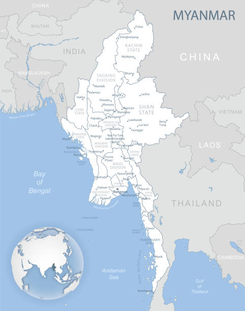 illustrations, cliparts, dessins animés et icônes de carte détaillée bleu-gris des divisions administratives du myanmar et de l’emplacement sur le globe. - myanmar