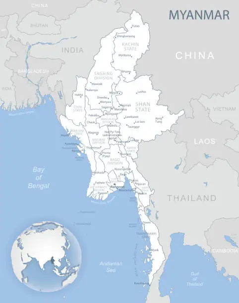 Vector illustration of Blue-gray detailed map of Myanmar administrative divisions and location on the globe.