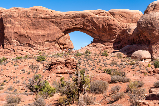 Scenic sky over the North Window arch with Turret Arch in the background from Utah's Arches National Park