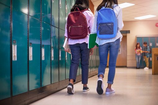 Full length of teenage girls with backpacks walking by lockers. Rear view of female friends are at illuminated corridor. High school students are at education building.