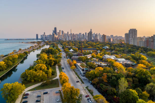 Fall Colors in Lincoln Park - Chicago Aerial View of Chicago Cityscape in Autumn drone point of view stock pictures, royalty-free photos & images