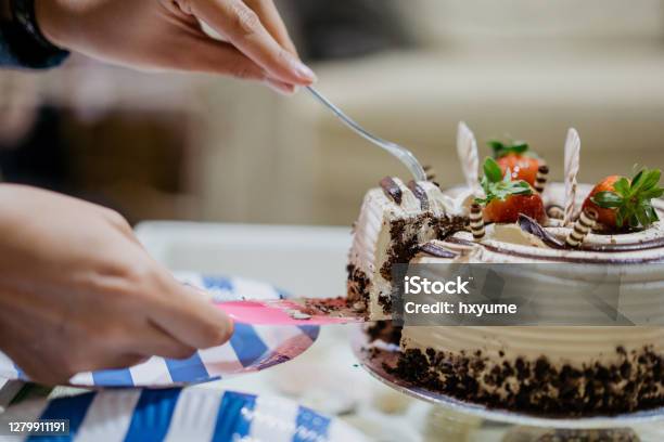 Close Up Of Asian Woman Slicing A Birthday Cake Stock Photo - Download Image Now - Cake, Malaysia, Adult