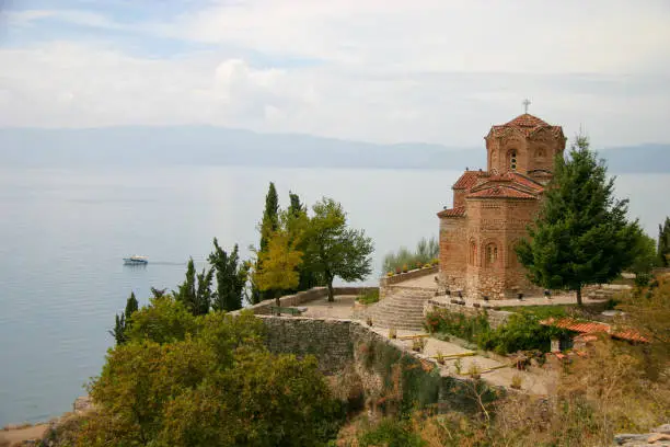 This Macedonian Orthodox church situated on the cliff over Kaneo Beach overlooking Lake Ohrid in the city of Ohrid, North Macedonia.