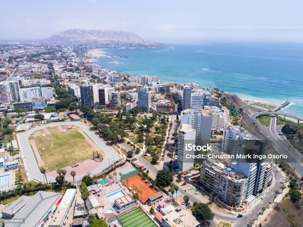 Aerial image made with drone of Lima Peru during sundays. Lima city during COVID19 Pandemic. Sundays private transportation are fobidden. Only bycicles or public transport are allowed. Barranco district. Lima - Peru Stock Photo