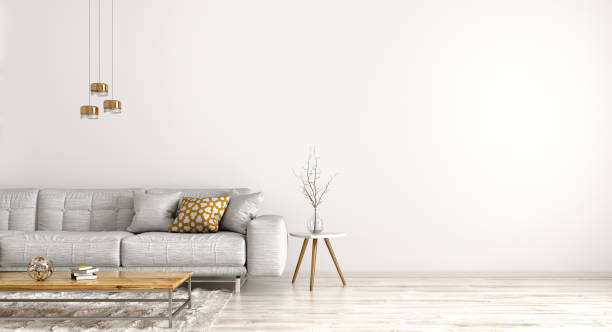 istock Interior design of modern apartment, living room with grey sofa 3d rendering 1279921240