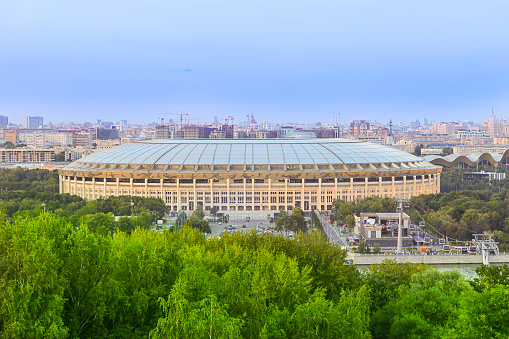 View of Luzhniki stadium from Sparrow Hills or Vorobyovy Gory observation (viewing) platform. Moscow, Russia