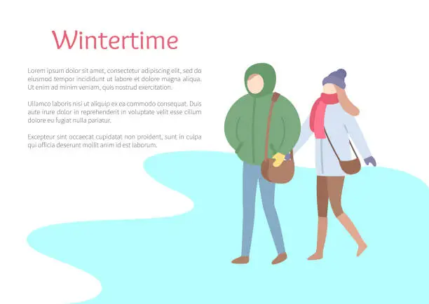 Vector illustration of Wintertime Cold Season, Couple Walking on Ice