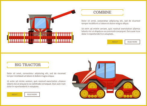 Combine and tractor agriculture vehicles for farming. Farm devices and machinery for field and crops harvesting. Transports used in husbandry vector