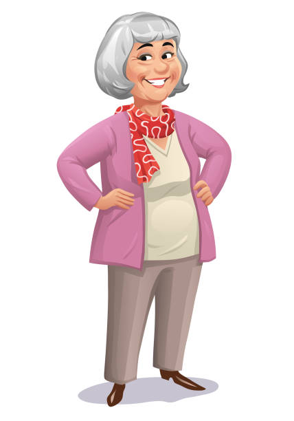 ilustraciones, imágenes clip art, dibujos animados e iconos de stock de senior woman standing with hands on hips - senior women cheerful overweight smiling