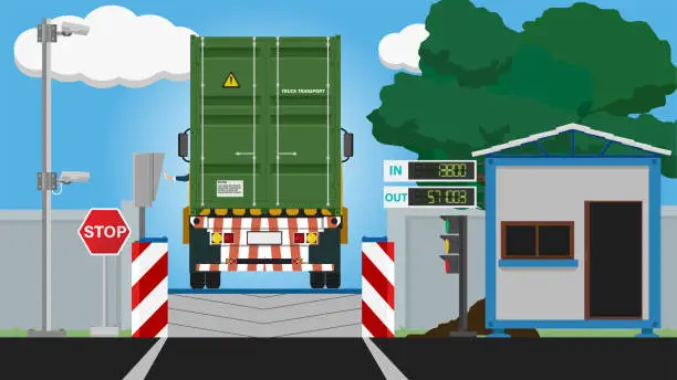 Vector illustration of Rear side of container truck on the weighing scale at the checkpoint.
