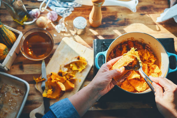 Preparing Pumpkin Soup with Baked Pumpkins and Bacon