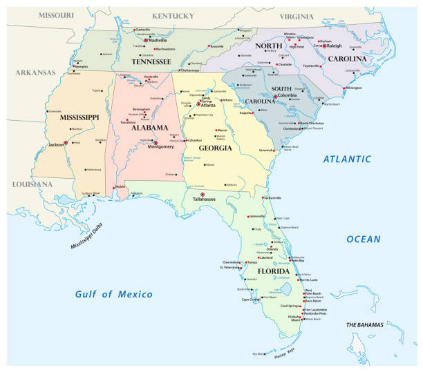 illustrations, cliparts, dessins animés et icônes de carte vectorielle administrative des états du sud-est des états-unis - southeast