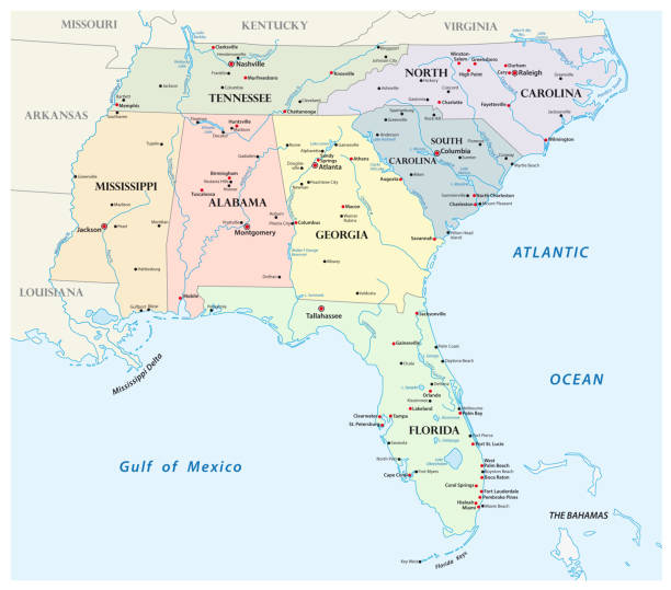 administracyjna mapa wektorowa stanów południowo-wschodnich stanów zjednoczonych - map gulf of mexico cartography usa stock illustrations