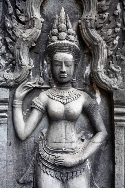 Young female Actress wearing beautiful ancient costumes, in ancient monuments, dramatic style. Perform on legend love popular story, Thai Isan folktale called Phadaeng and Nang-ai in acient site
