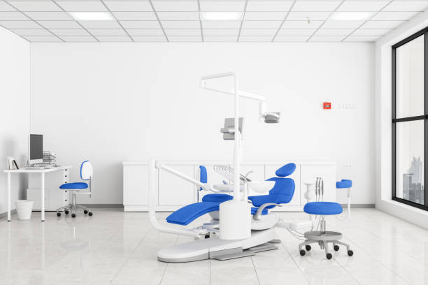 studio dentistico con sedia dentista e strumenti dentali - dentist office dentists chair dental equipment white foto e immagini stock