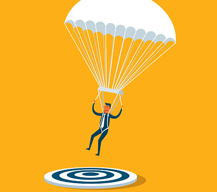 Parachuting Businessman On Target | New Business Concept stock illustration
