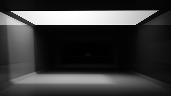 Abstract  Light Box in Dark grey tunnel Background. 3D render empty room with light Glow on top roof. nobody with copy space.