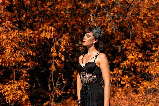 Girl in a fairytale image in an autumn park