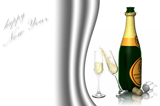 3D illustration. Happy New Year. Bottle champagne to celebrate the new year. Space for text.