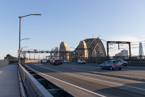 Sydney, Australia - October 5, 2020: Car traffic going through Sydney Harbour Bridge during the day.