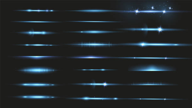 ilustrações de stock, clip art, desenhos animados e ícones de package blue horizontal lenses, glare, laser beams, glare, light rays, glowing stripes on a dark background, abstract glowing background. - efeito de refracção de luz