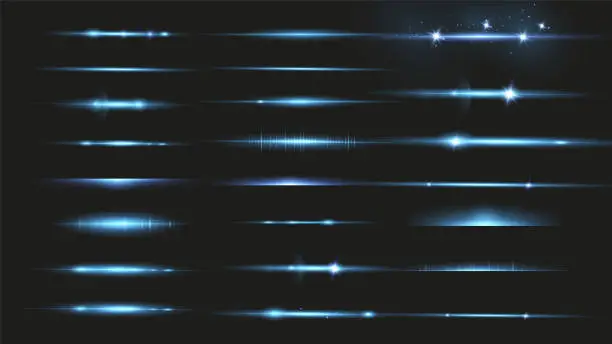 Vector illustration of Package Blue horizontal lenses, glare, laser beams, glare, light rays, glowing stripes on a dark background, abstract glowing background.