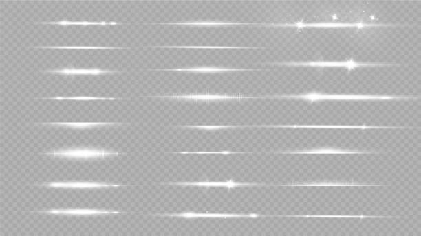 ilustrações, clipart, desenhos animados e ícones de conjunto de sinalizadores de lente horizontais brancas. raios laser, feixes de luz horizontais. lumine o conjunto de vetores transparentes de efeitos de luz, explosão, glitter, faísca, erupção solar. - laser sunbeam blurred motion backgrounds